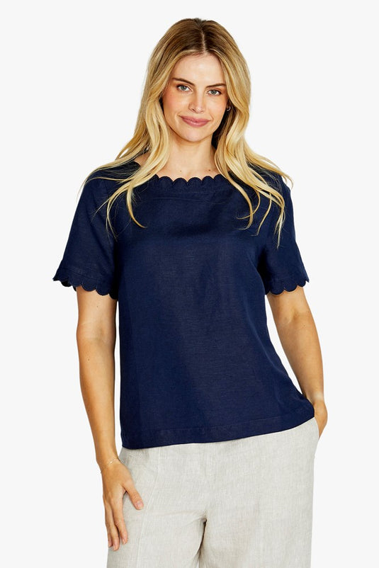 Pingpong Womens Monica Scallop Neck Short Sleeve Top - Navy