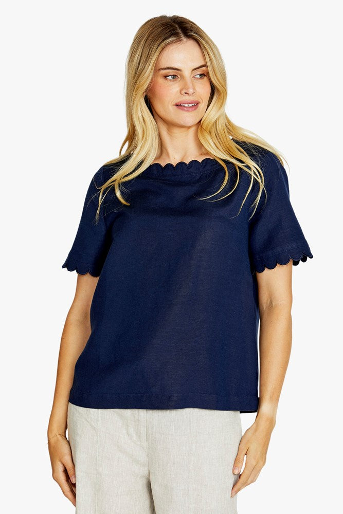 Load image into Gallery viewer, Pingpong Womens Monica Scallop Neck Short Sleeve Top - Navy
