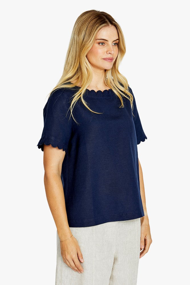 Load image into Gallery viewer, Pingpong Womens Monica Scallop Neck Short Sleeve Top - Navy
