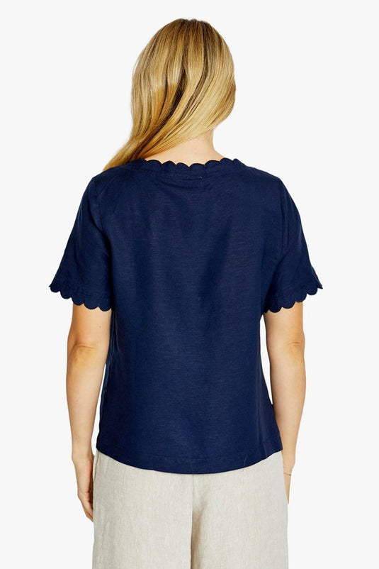 Pingpong Womens Monica Scallop Neck Short Sleeve Top - Navy
