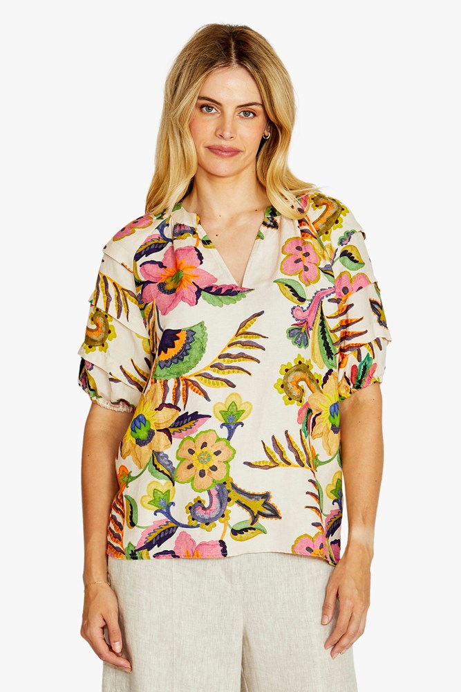 Load image into Gallery viewer, Pingpong Womens Audrey Gathered Neck Blouse - Carnival Print
