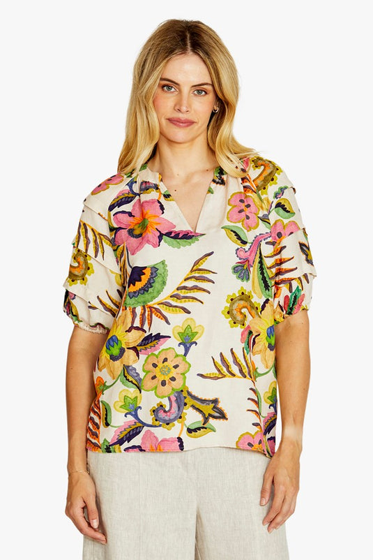 Pingpong Womens Audrey Gathered Neck Blouse - Carnival Print