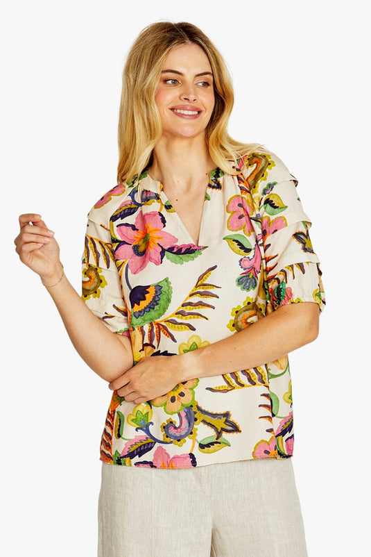 Pingpong Womens Audrey Gathered Neck Blouse - Carnival Print