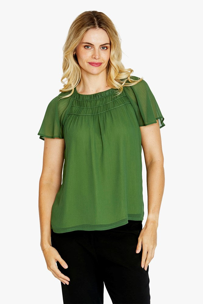 Load image into Gallery viewer, Pingpong Womens Luciana Flutter Sleeve Top - Agave

