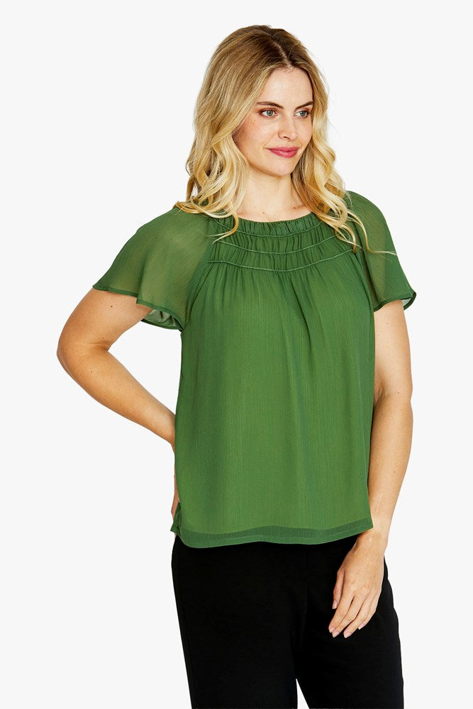 Load image into Gallery viewer, Pingpong Womens Luciana Flutter Sleeve Top - Agave
