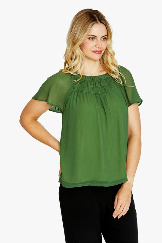 Pingpong Womens Luciana Flutter Sleeve Top - Agave