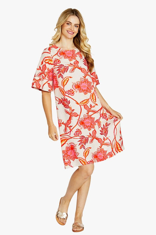 Pingpong Womens Hazel Short Sleeve Print Dress - Dahlia
