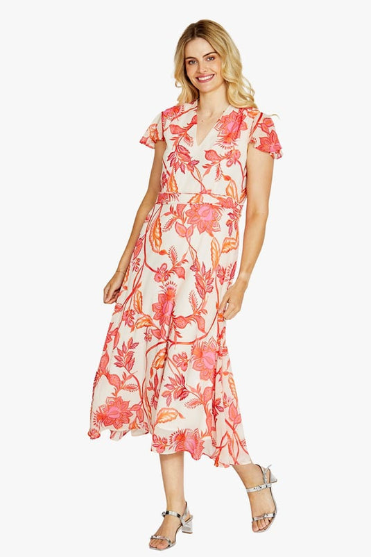 Pingpong Womens Emma V Neck Print Dress - Dahlia