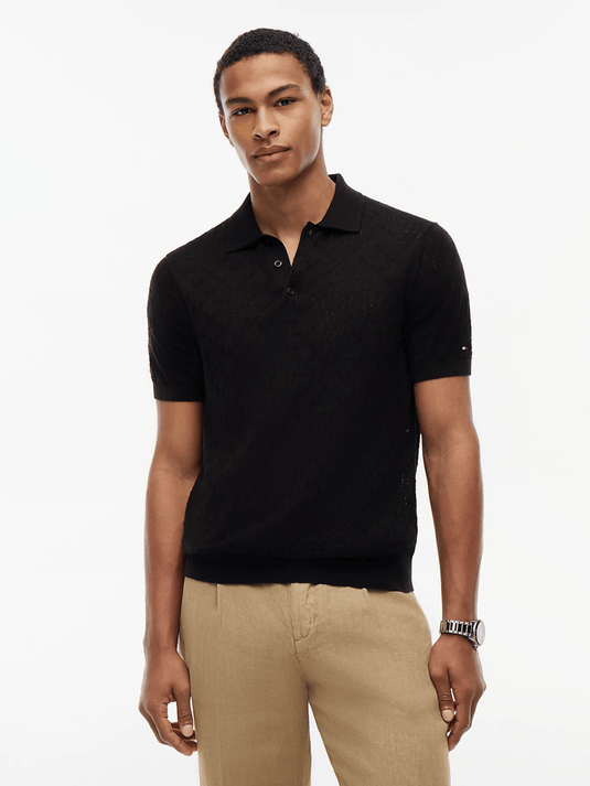Tommy Hilfiger Mens Pointelle Pattern Polo - Black