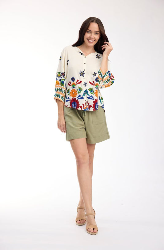 Orientique Womens Pellion Top Round Neck Button Through