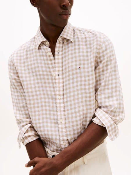 Load image into Gallery viewer, Tommy Hilfiger Mens Linen Essential Gingham Shirt - Sandalwood

