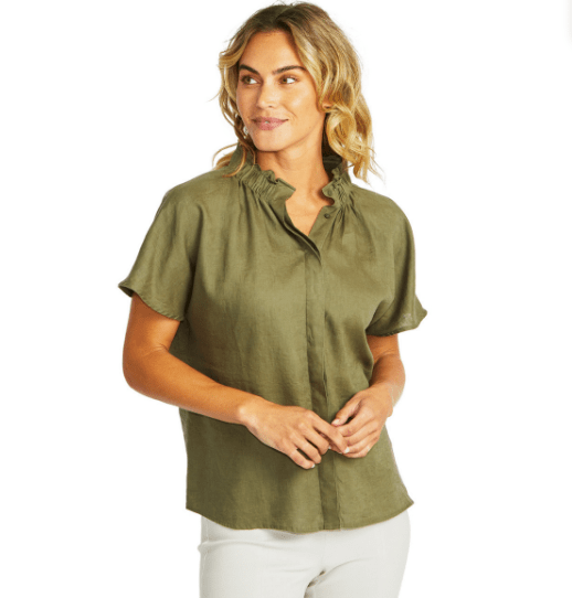 Pingpong Womens Nora Linen Ruffle Blouse