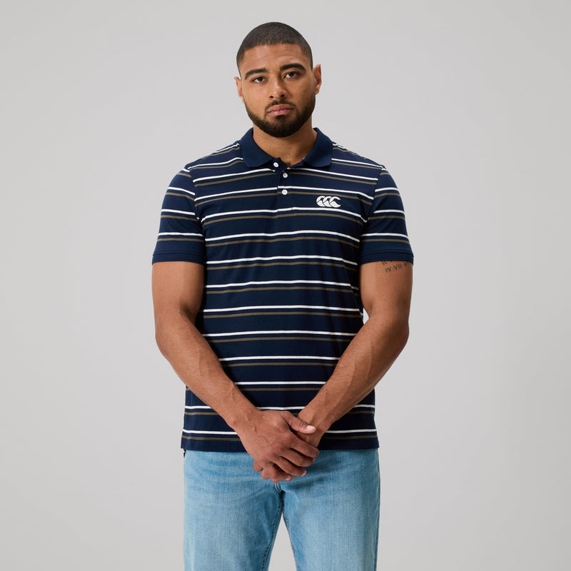 Load image into Gallery viewer, Canterbury Mens Yarn Dye Stripe Polo - Navy
