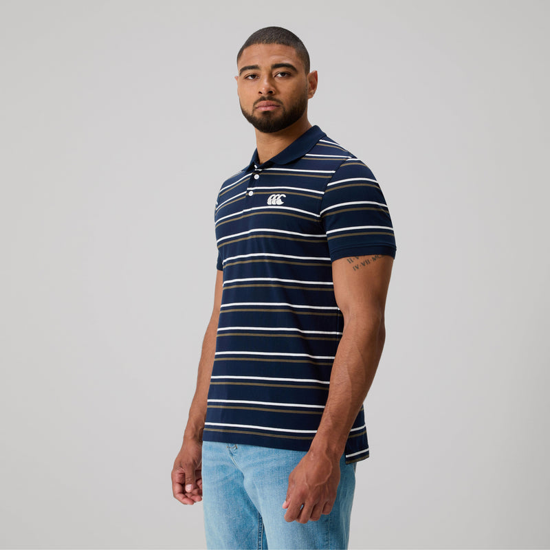 Load image into Gallery viewer, Canterbury Mens Yarn Dye Stripe Polo - Navy
