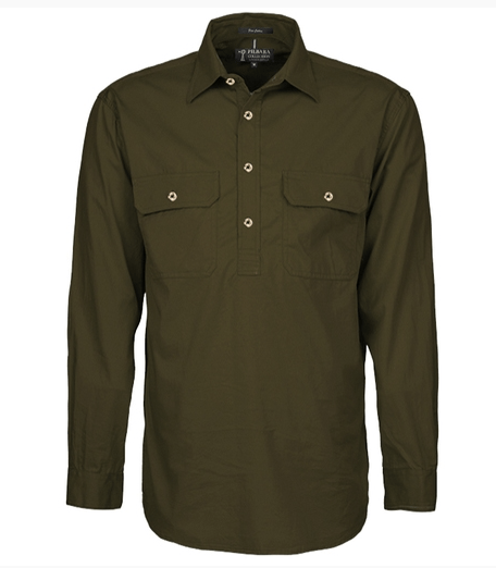 Pilbara Mens Olive Closed Front L/S Shirt