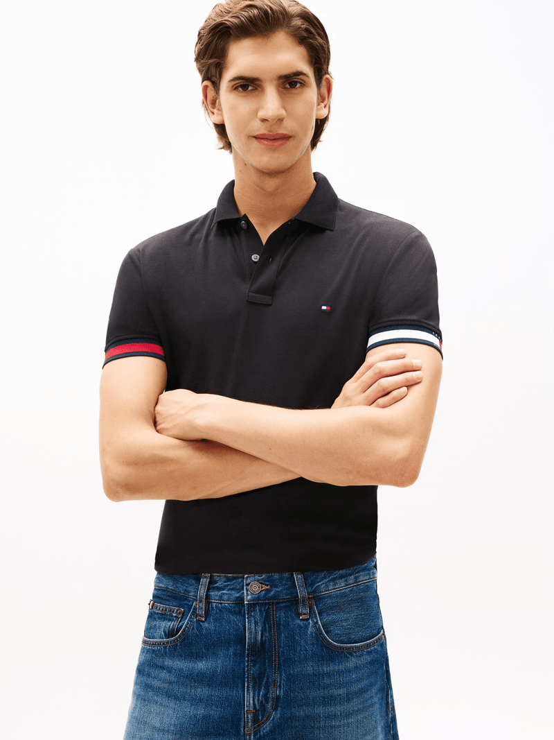 Load image into Gallery viewer, Tommy Hilfiger Mens RWB Cuff Liquid Cotton Slim Polo - Black
