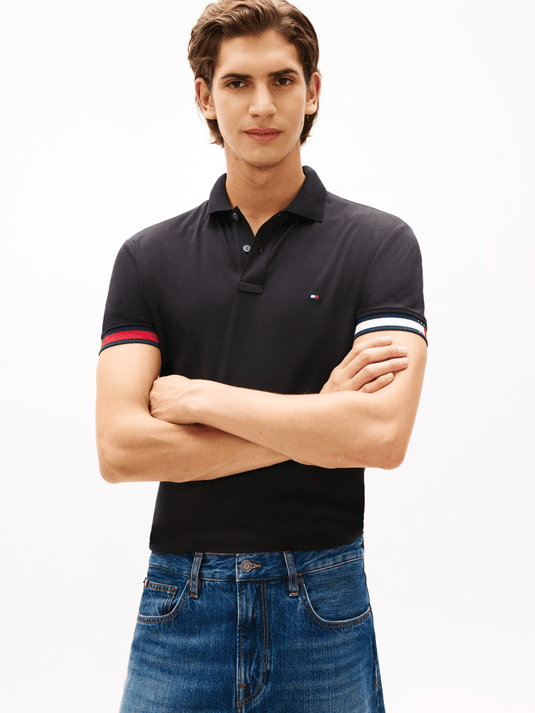 Tommy Hilfiger Mens RWB Cuff Liquid Cotton Slim Polo - Black