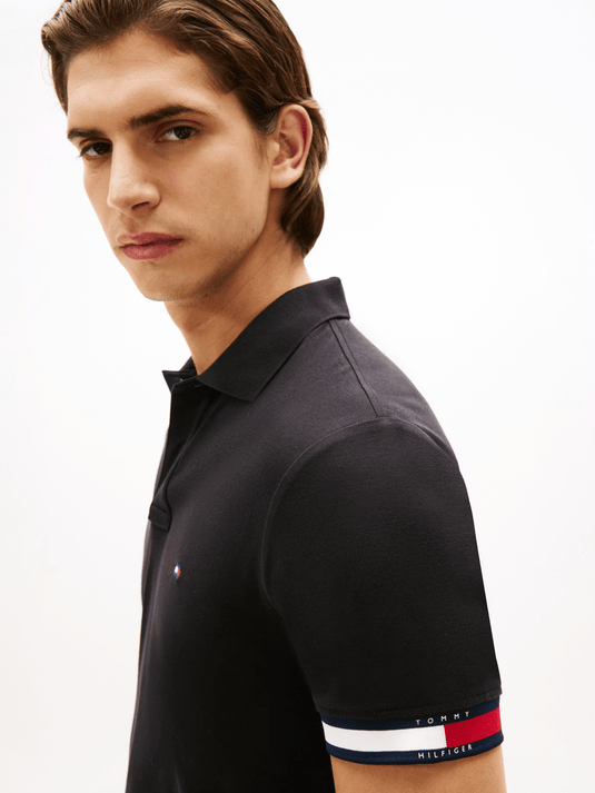 Tommy Hilfiger Mens RWB Cuff Liquid Cotton Slim Polo - Black