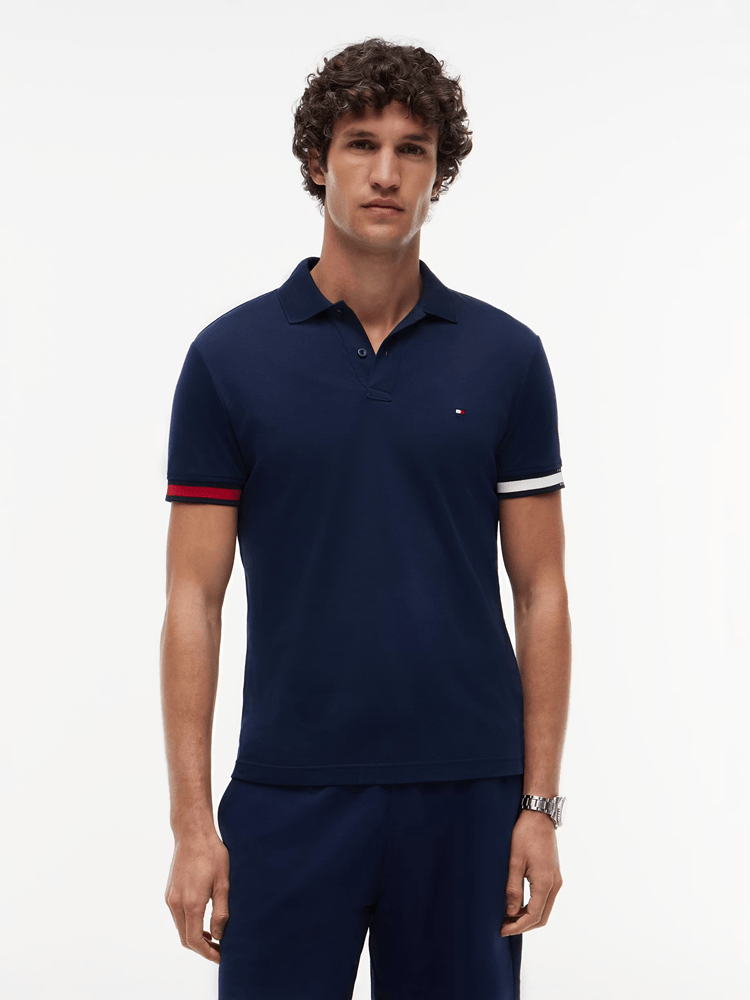 Load image into Gallery viewer, Tommy Hilfiger Mens RWB Cuff Liquid Cotton Slim Polo - Carbon Navy
