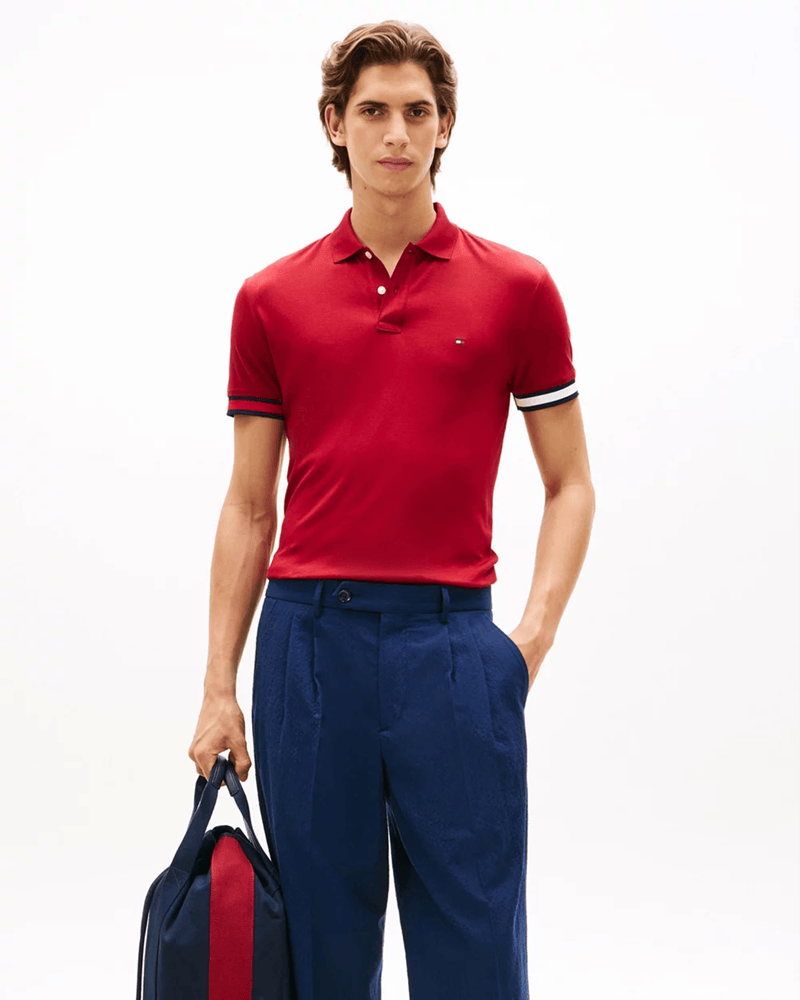Load image into Gallery viewer, Tommy Hilfiger Mens RWB Cuff Liquid Cotton Slim Polo - Regatta Red
