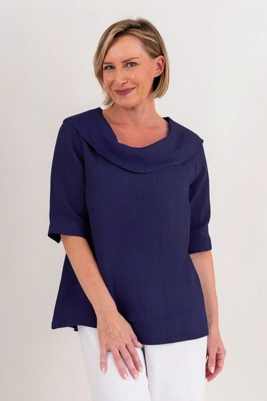 See Saw Womens Linen Short Sleeve Cowl Neck Top - Navy
