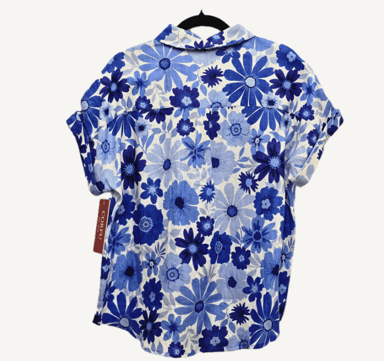 Load image into Gallery viewer, Corfu Womens 100% Linen Printed Blue Blooms
