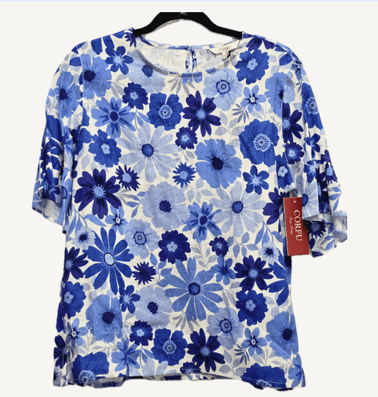 Corfu Womens 100% Linen Printed Blue Blooms