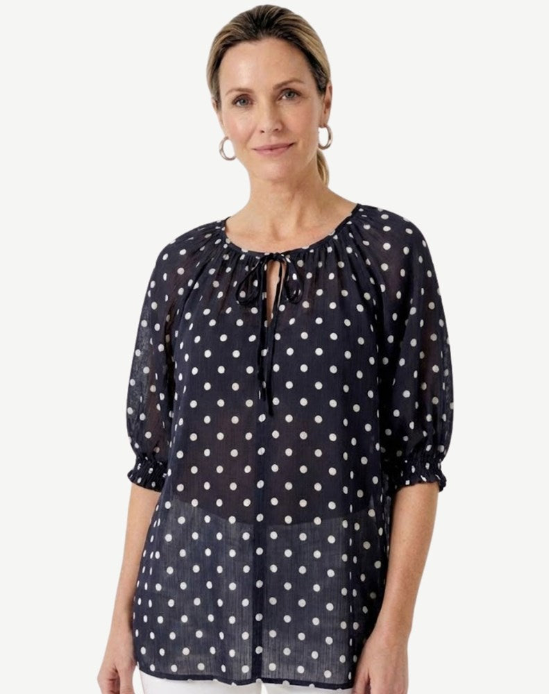 Load image into Gallery viewer, Corfu Womens Navy &amp; White Spot Relaxed Fit Blouse
