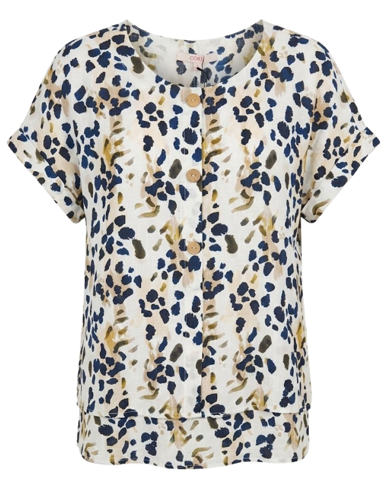 Load image into Gallery viewer, Corfu Womens Ink Leopard Button Front Layered Top
