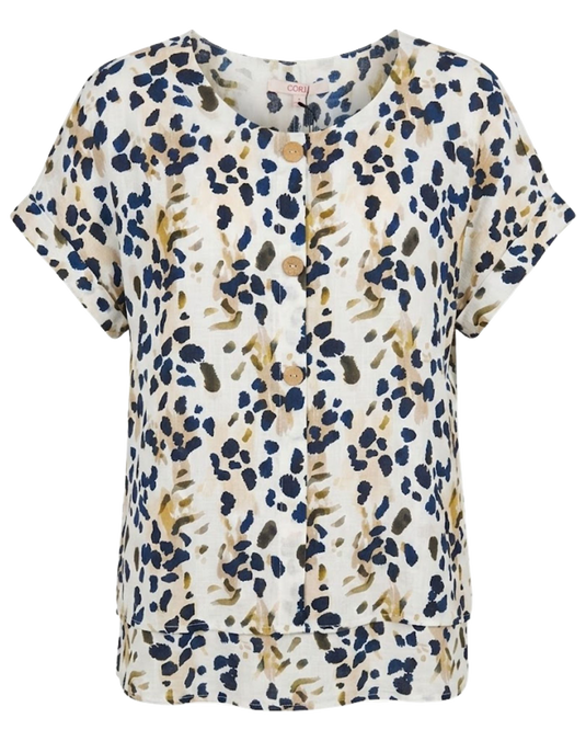 Corfu Womens Ink Leopard Button Front Layered Top