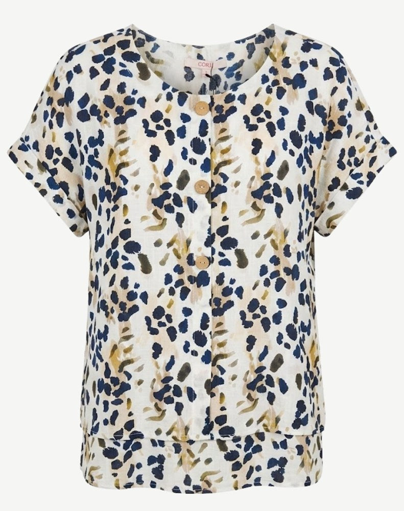 Load image into Gallery viewer, Corfu Womens Ink Leopard Button Front Layered Top
