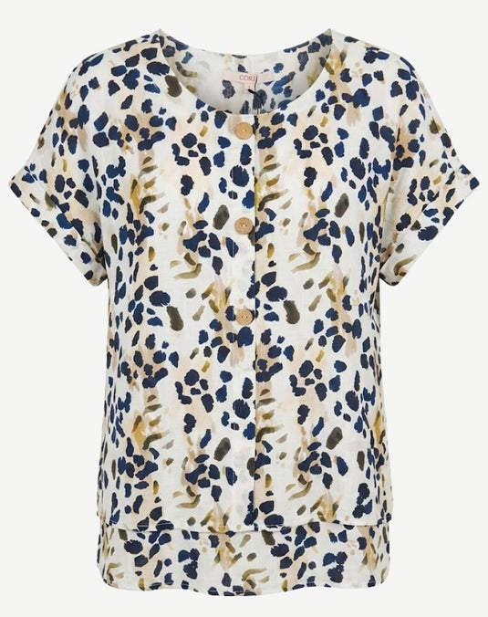Corfu Womens Ink Leopard Button Front Layered Top