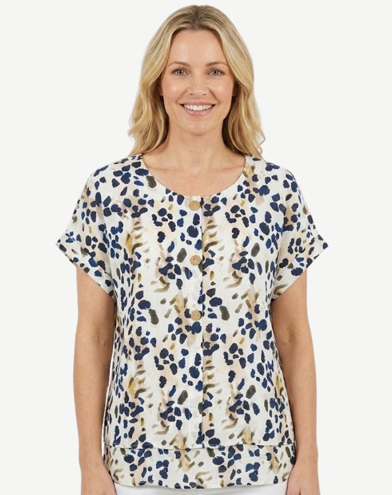 Load image into Gallery viewer, Corfu Womens Ink Leopard Button Front Layered Top
