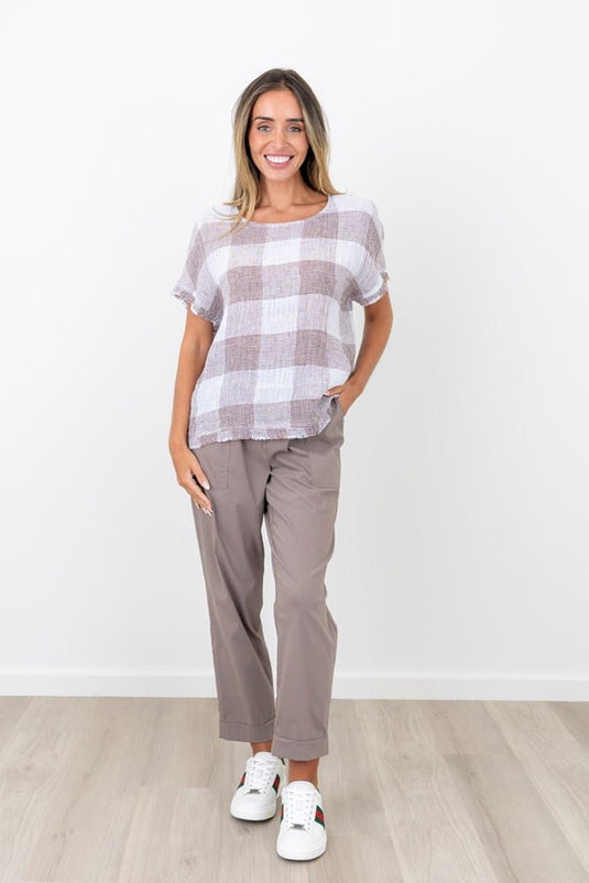 Maglia Womens Lauren Linen Check Frill Top