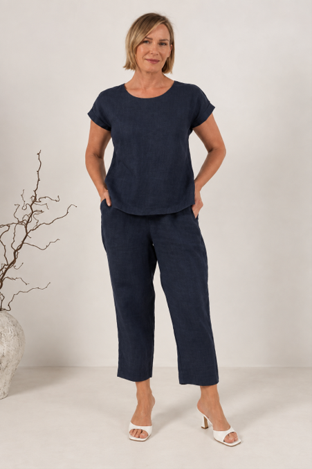 See Saw Womens Cap Sleeve Button Back Top - Navy