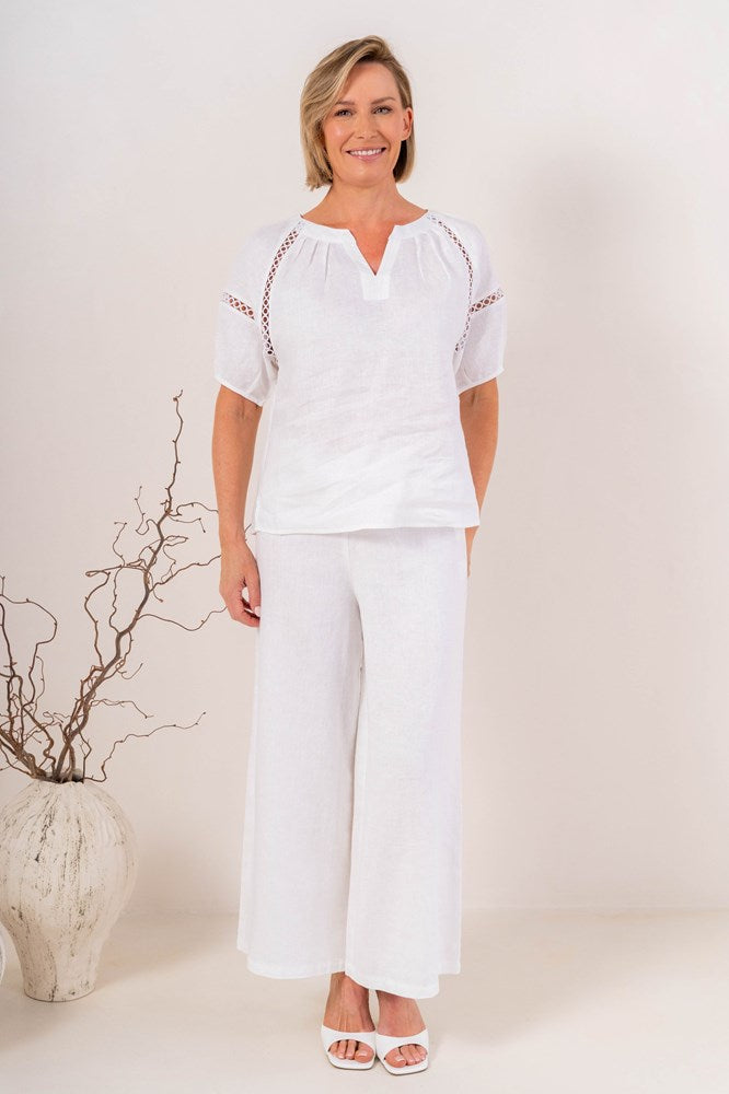 Load image into Gallery viewer, See Saw Womens Lace Trim Linen Top - White
