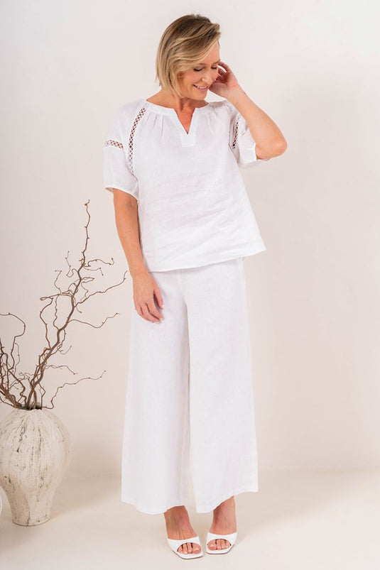 See Saw Womens Lace Trim Linen Top - White
