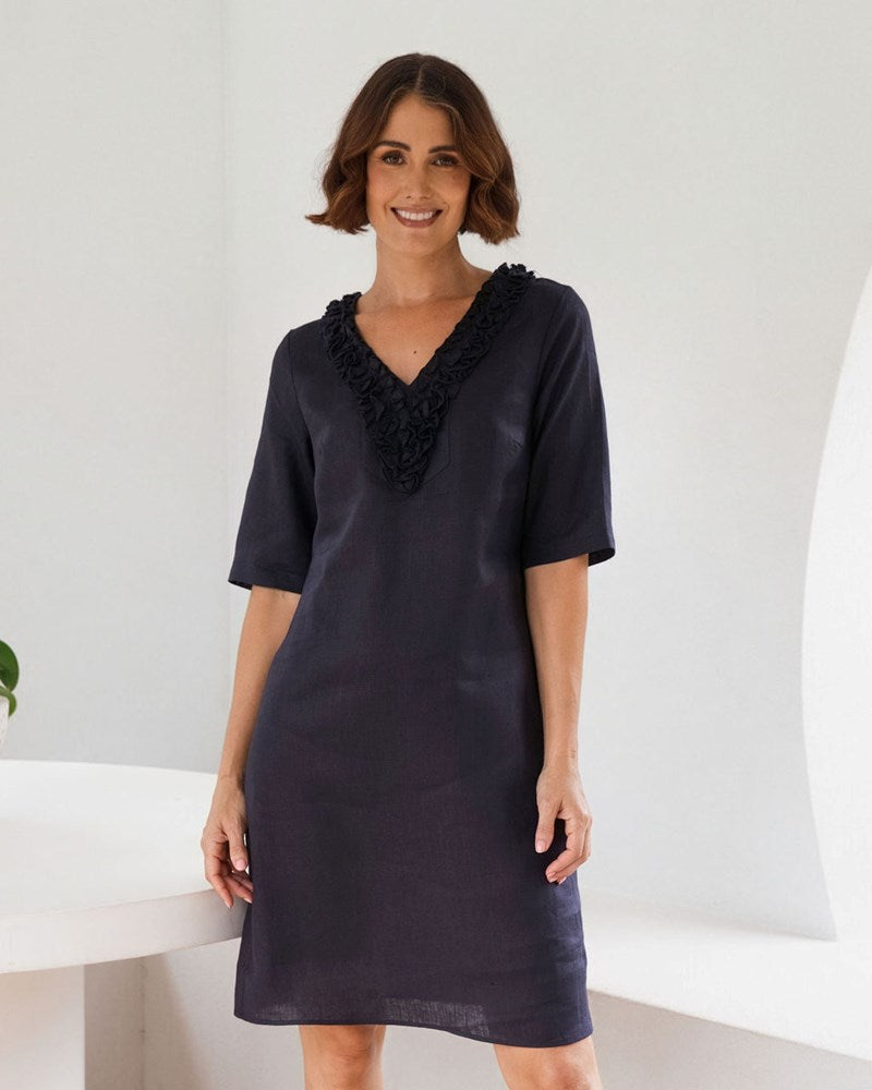 Load image into Gallery viewer, See Saw Womens Short Sleeve Ruffle Linen Dress - Navy
