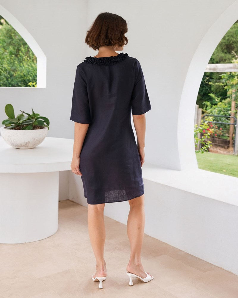 Load image into Gallery viewer, See Saw Womens Short Sleeve Ruffle Linen Dress - Navy
