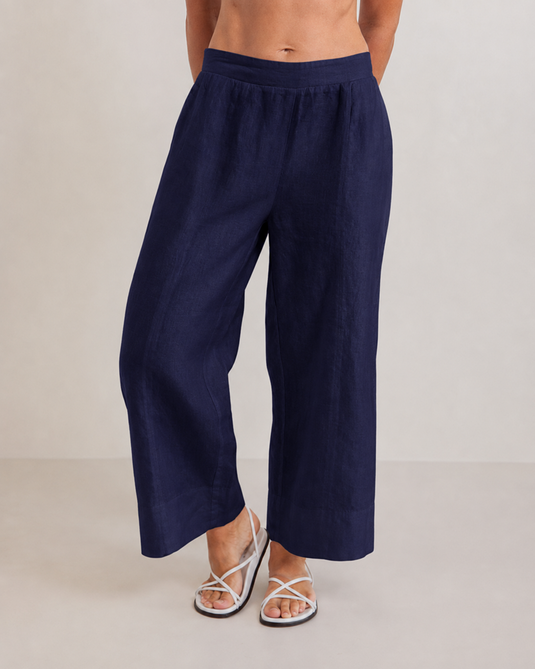 See Saw Womens Linen 7/8 Seam Detail Wide Leg Pant - Navy