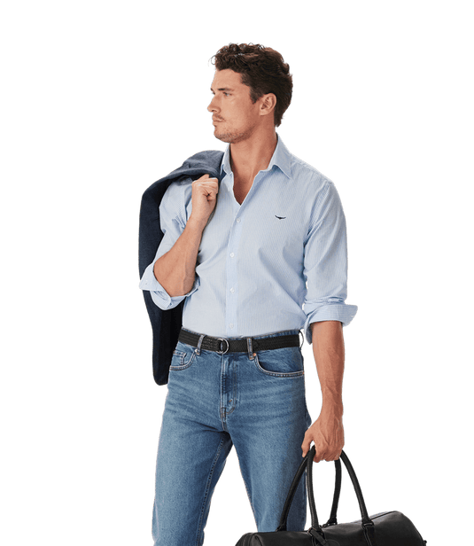 R.M. Williams Mens Sommers Poplin Stripe White & Blue Shirt