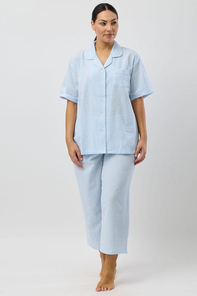 Load image into Gallery viewer, Schrank Womens Seersucker Check 7/8 Pyjama Set - Blue
