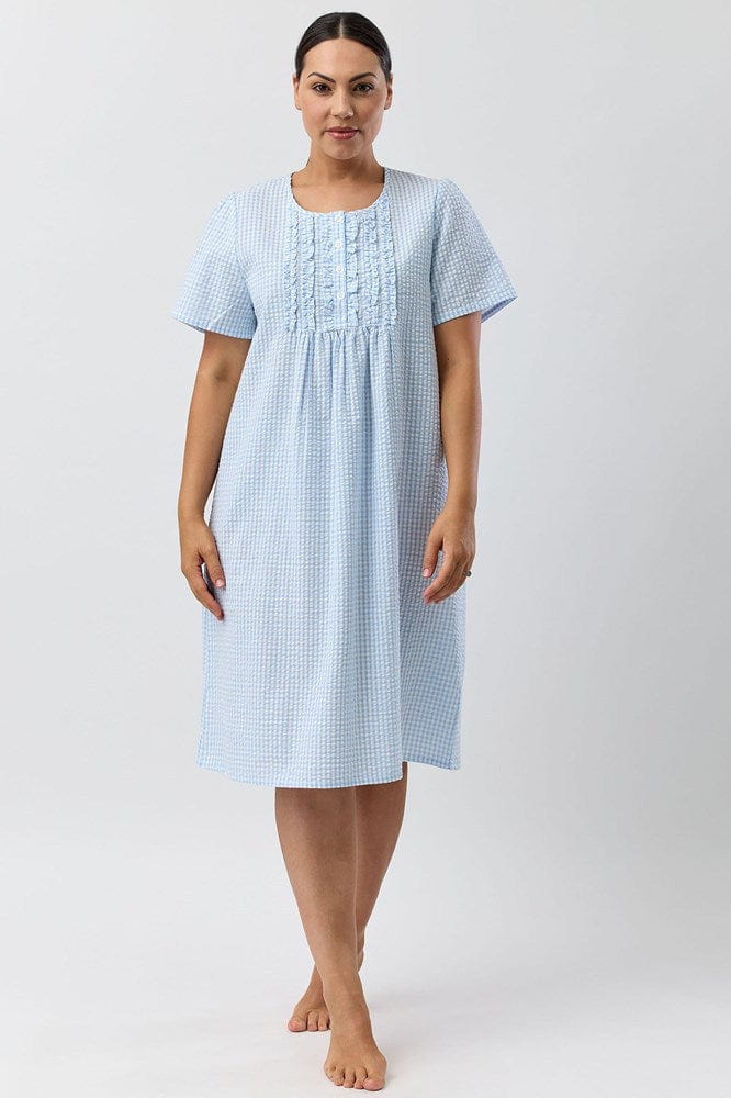Load image into Gallery viewer, Schrank Womens Seersucker Check Short Sleeve Nightie - Blue
