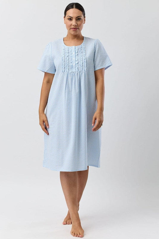 Schrank Womens Seersucker Check Short Sleeve Nightie - Blue