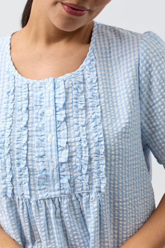 Schrank Womens Seersucker Check Short Sleeve Nightie - Blue