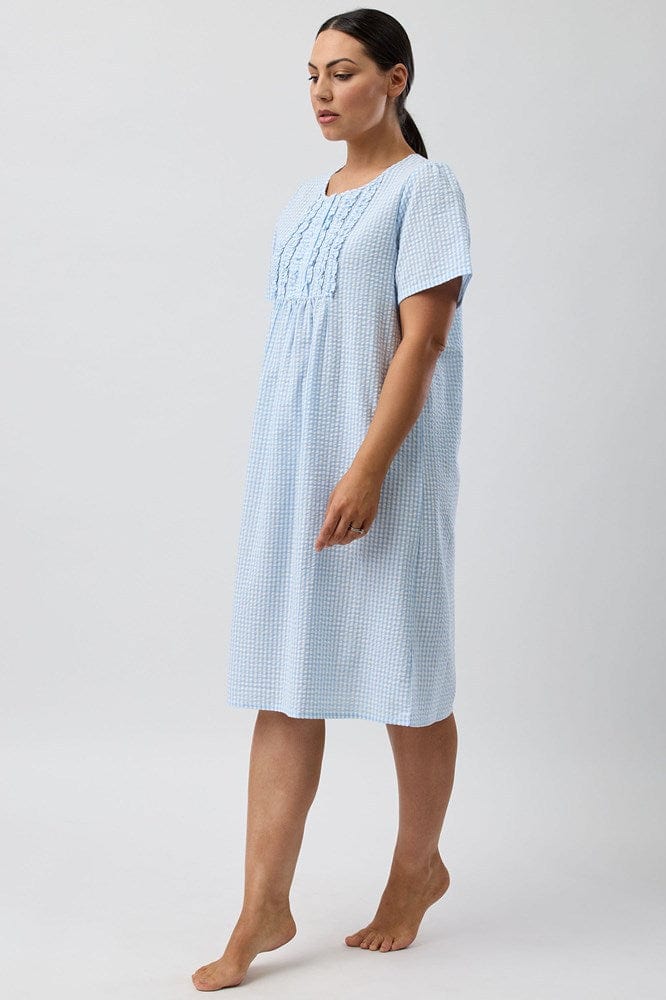 Load image into Gallery viewer, Schrank Womens Seersucker Check Short Sleeve Nightie - Blue
