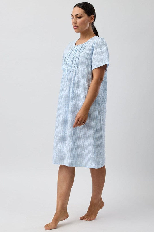 Schrank Womens Seersucker Check Short Sleeve Nightie - Blue