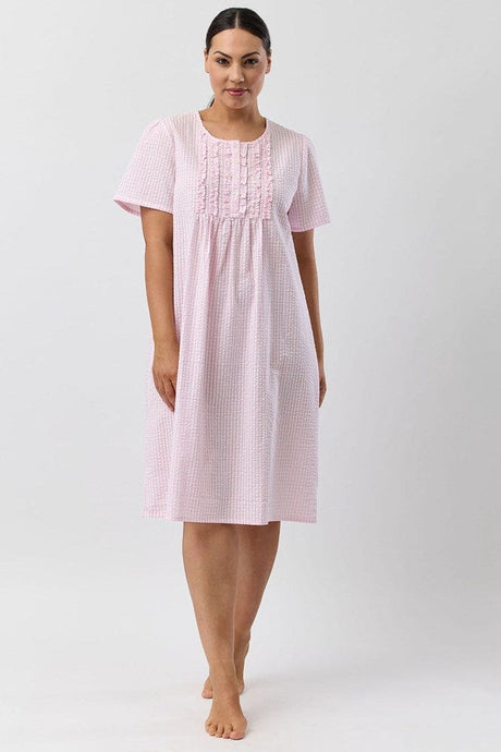 Schrank Womens Seersucker Check Short Sleeve Nightie - Pink