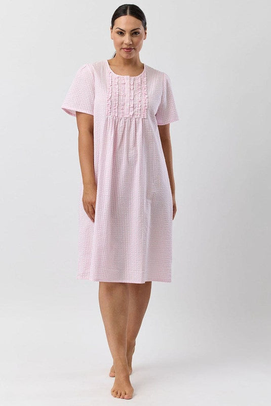 Schrank Womens Seersucker Check Short Sleeve Nightie - Pink