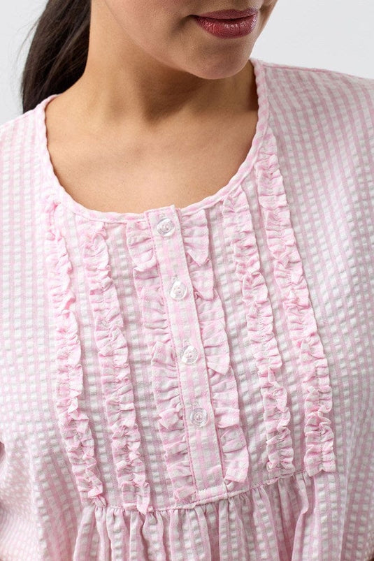 Schrank Womens Seersucker Check Short Sleeve Nightie - Pink